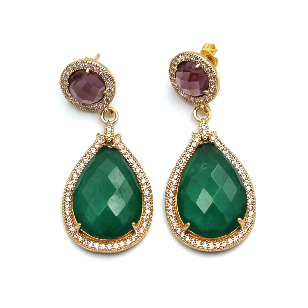 

6pairs Natural Stone Stud Earring CZ Paved Green Jade Labradorite Stone Dangle Drop Earrings for Women Lady Fashion Jewelry Gift