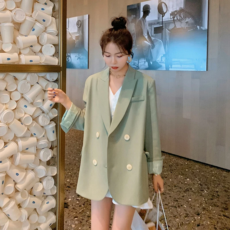 

Женский двубортный пиджак, повседневный однотонный Блейзер, Элегантный Модный облегающий жакет в Корейском стиле, весна-осень 2121