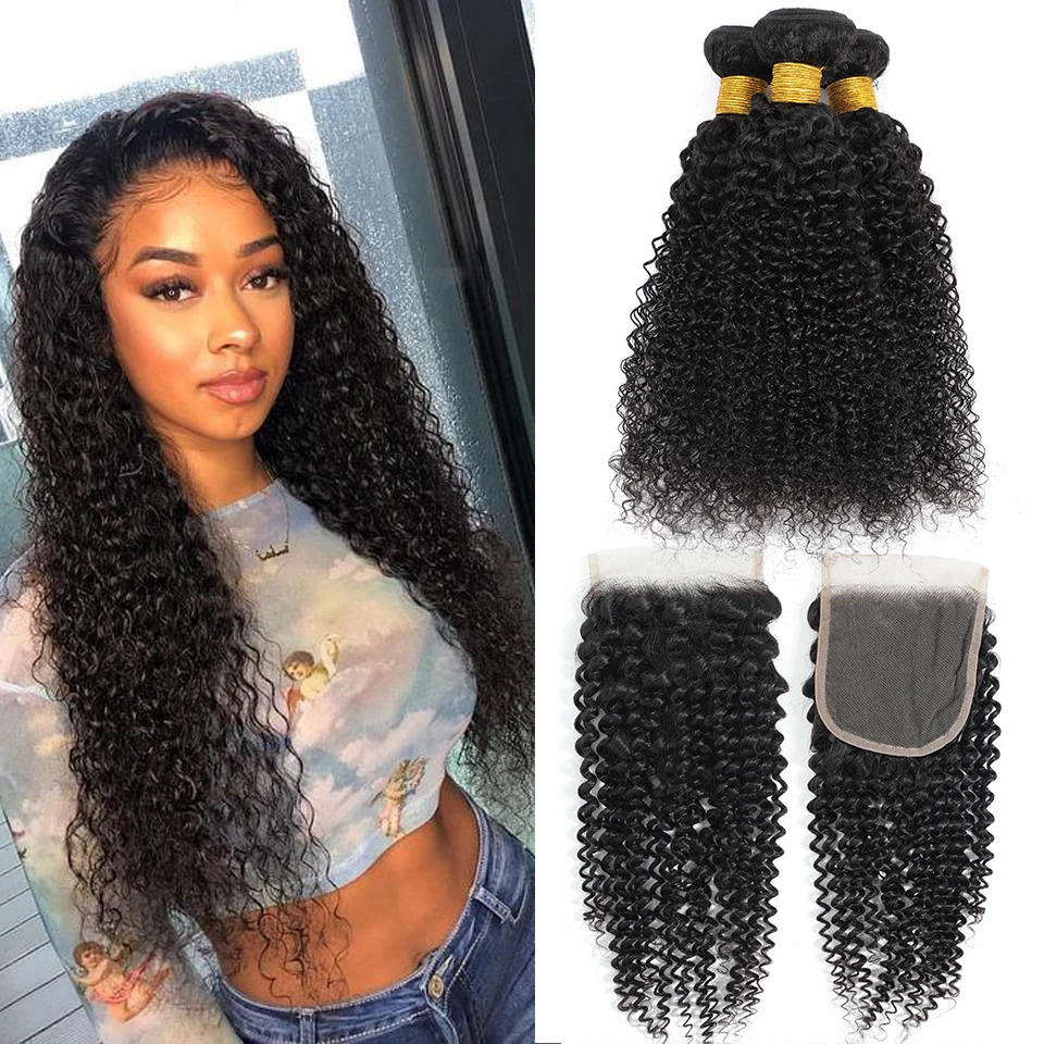 

Sidonia Curly Wave Bundles With Closure Brazilian Hair Weave Bundles With Closure Non-Remy Human Hair 3 Bundles With Closure