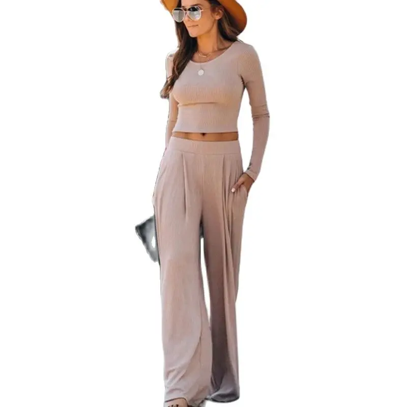 

Женский костюм из футболки и брюк с длинным рукавом, модный однотонный укороченный топ и свободные эластичные брюки с широкими штанинами, п...