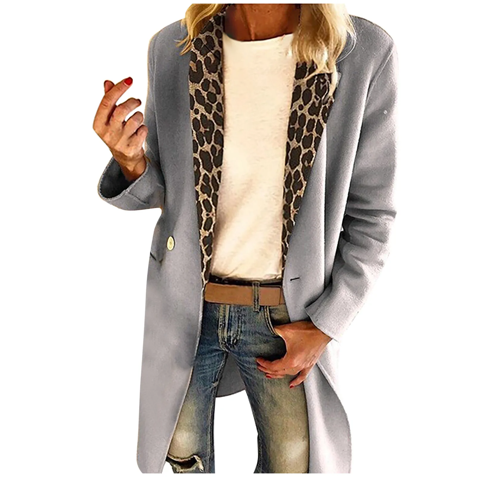 

Ladies Wool Coat Coat Jacket Woolen Overcoat Warmness Outwear Women Leopard Stitching Long Sleeve Coat Plus Size Cardigan