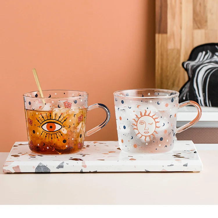 

Couple Water Cup Creative Scale Glass Mug Sun Eye Pattern Drinkware Handgrip Mugs Breakfast Mlik Coffe Cups Household
