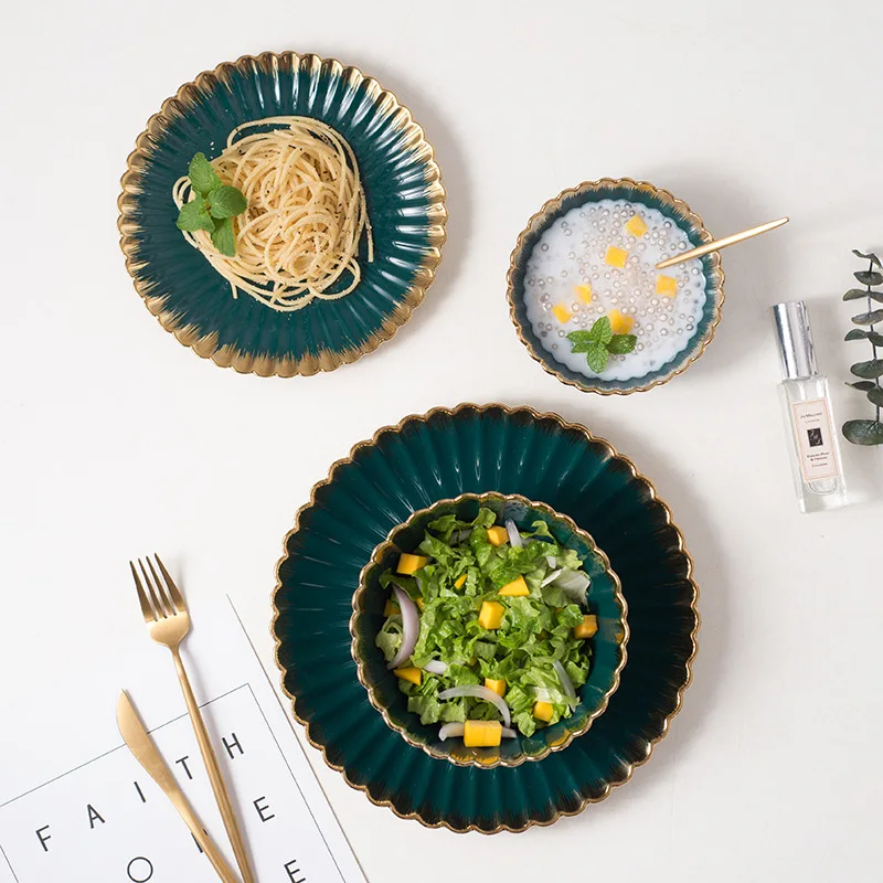 INS керамическая чаша в форме хризантемы темно зеленая тарелка для десерта