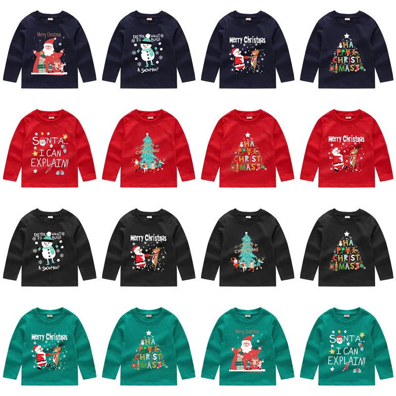 

2021 Christmas Children Clothes Boys Girls Sweater Long Sleeve Sweatshirts Pullover Tops Cartoon Santa Snowman Print 2-7 Years