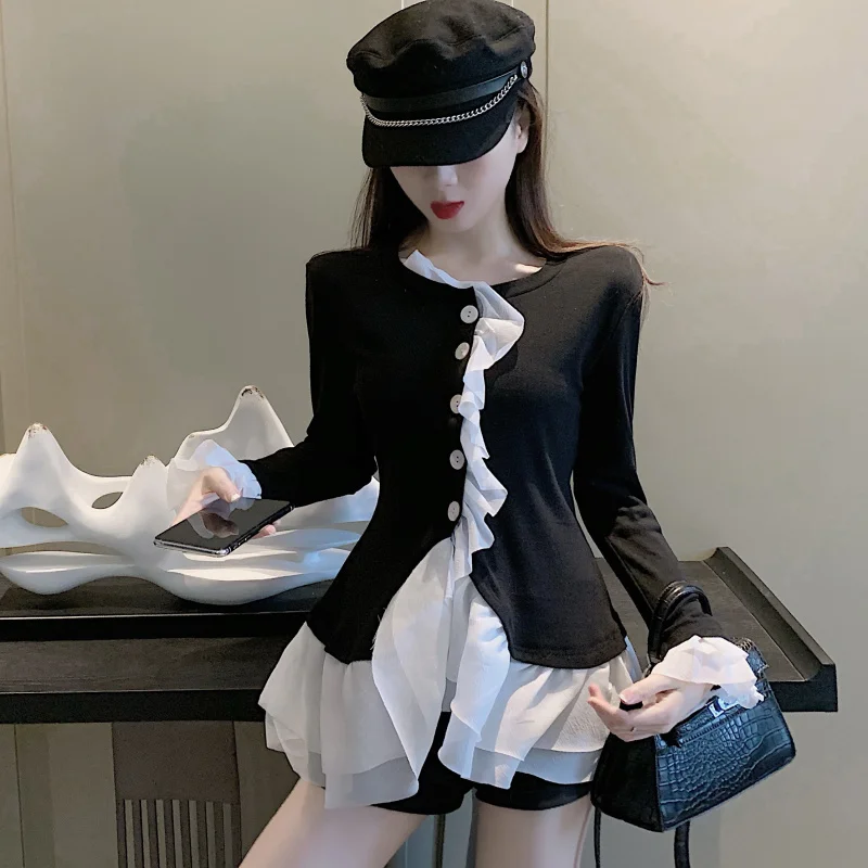 

socialite long shirts in the spring of 2020 the new black and white color matching falbala western style jacket female