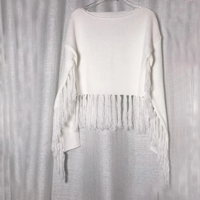 

splice Tassel cropped pullover Sexy white knitted sweater women Short streetwear winter autumn jumper knitwear pull femme
