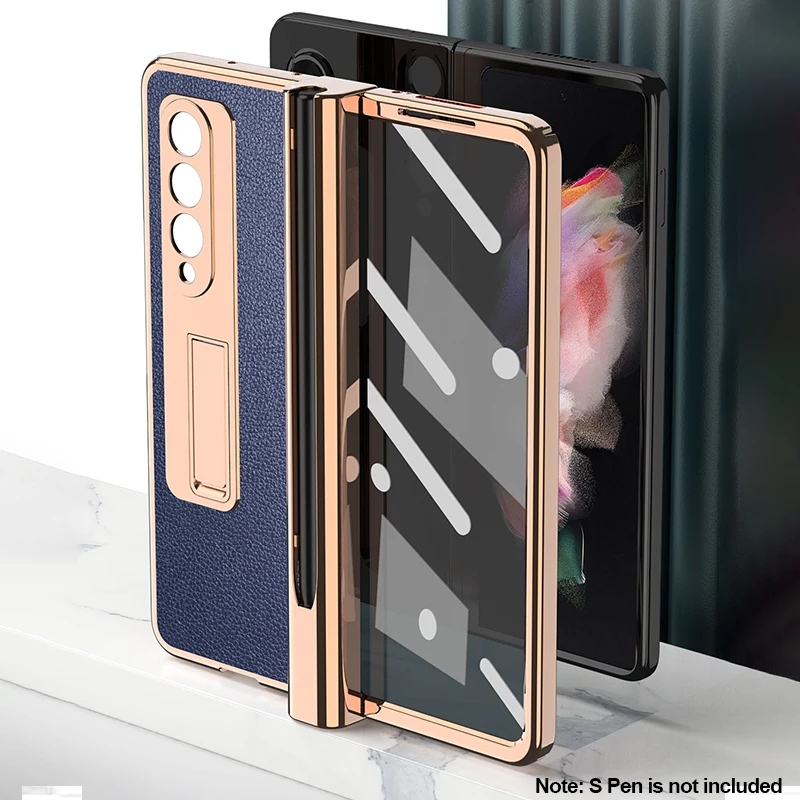 2 pcs hinge for samsung galaxy z fold 3 5g case with s pen slot front screen glass stand holder litchi leather cover no s pen free global shipping