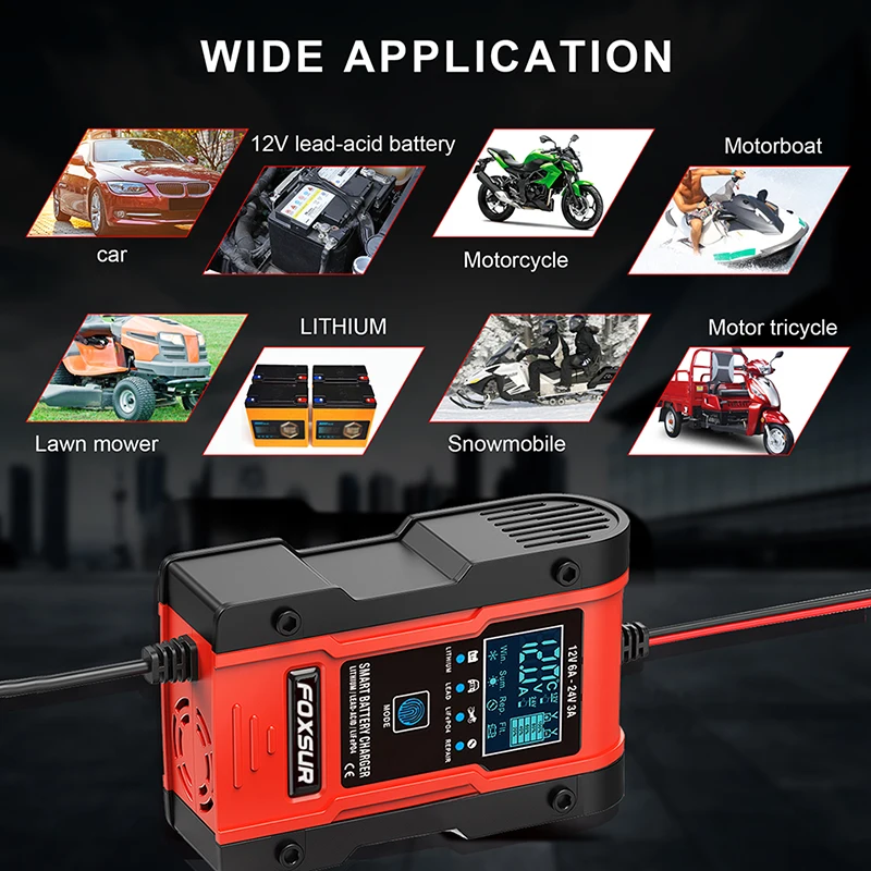 Автомобильное зарядное устройство для аккумуляторов FOXSUR свинцово-кислотная