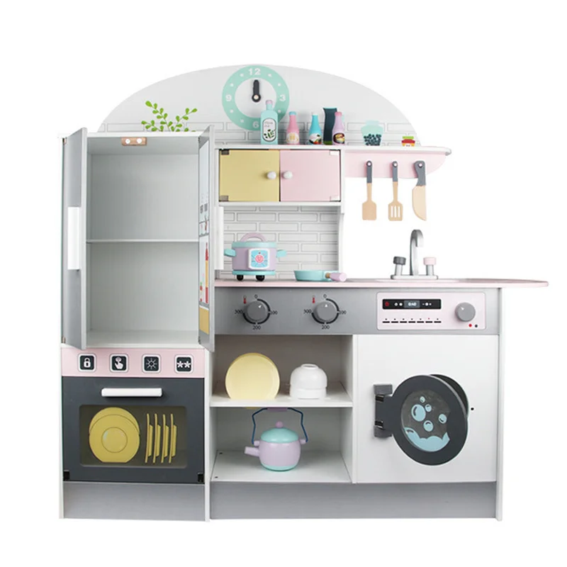 

Children's Kitchen Toy Simulation 2022 Wooden Large Simulation Cooking Game House Refrigerator Washing Machine Oven Kitchen Set