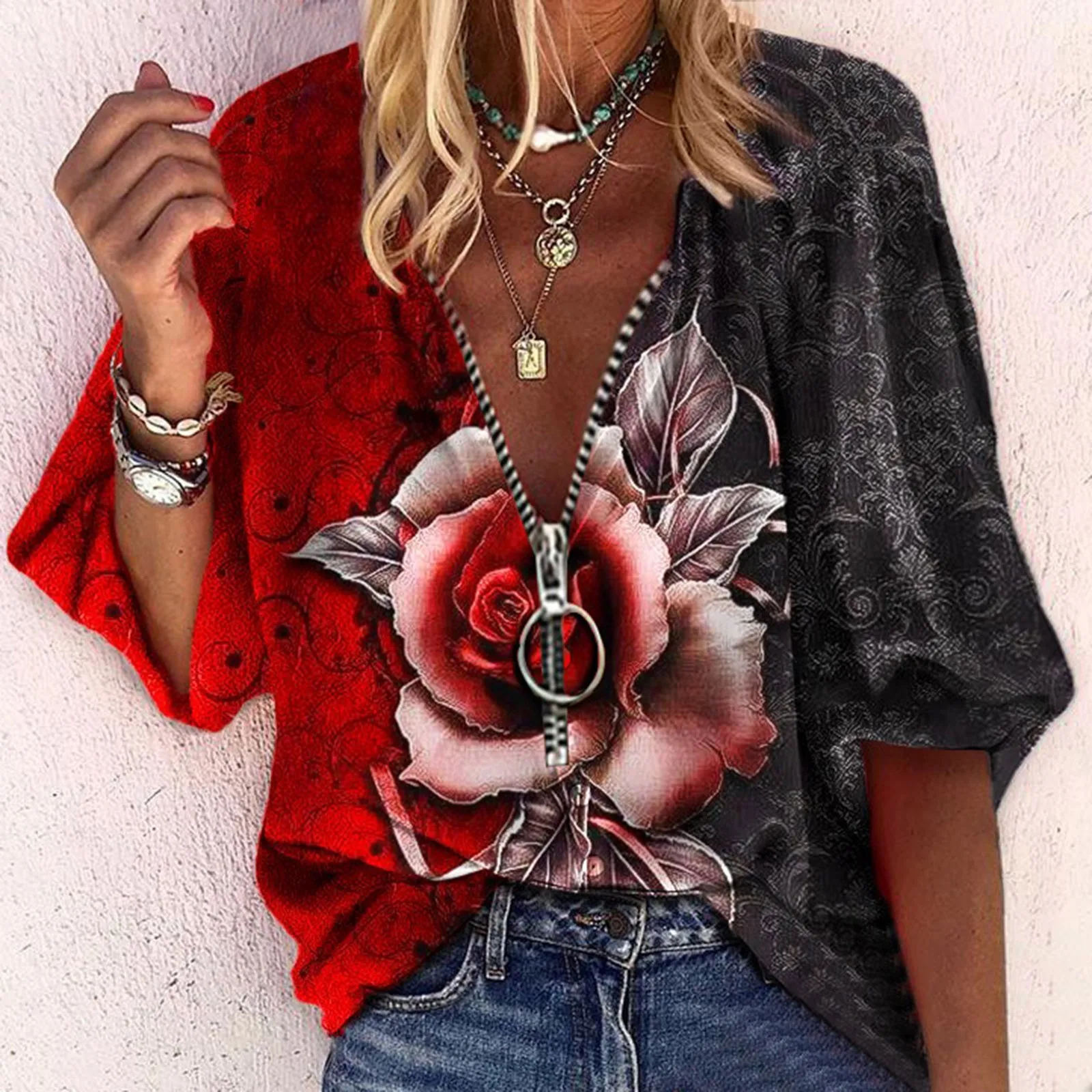 

Женская блузка с принтом роз, рубашка на молнии с V-образным вырезом, Свободный пуловер с длинным рукавом, туника, топы, женские блузки в стил...