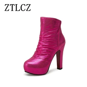 Ботильоны женские, на высоком каблуке, с блестками, розово-красные, для осени и зимы, 43