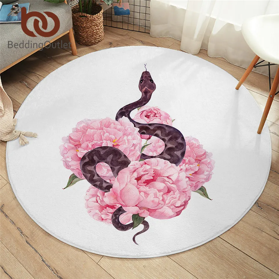 BeddingOutlet Floral Snake Round Area Rug Pink Flower Carpets for Living Room Animal Floor Mat Useful Garland Alfombra 150cm