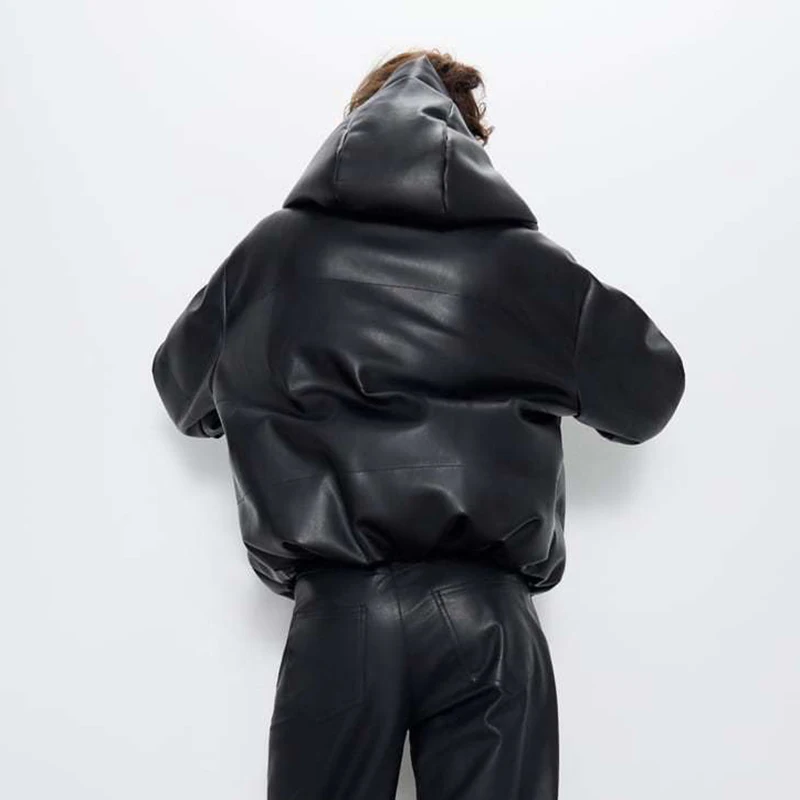 Winter PU Leather Coats Women Faux Leather Pockets Parka Women Elegant Hooded Zipper Coats Female Large Size Thicken Warm Coat