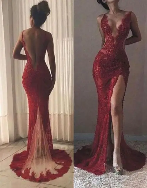 

Sexy Hot Burgundy Prom Dresses WomenV-neck Appliques Mermaid Sheath Lace Evening Dress High Leg Split Custom Made Party Gowns