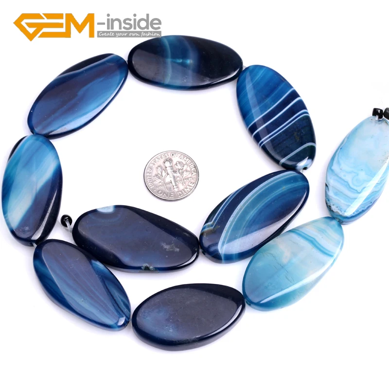 

Natural 20x40mm Smooth Flat Oval Shape Banded Blue Agates Stone Bead Loose Beads For Jewelry Making DIY Gifts 9 Pcs Wholesale