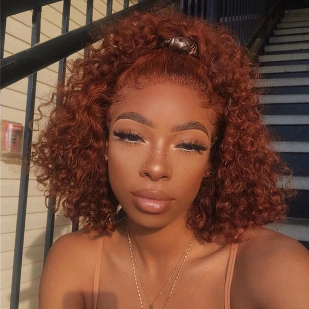 

Ginger /Copper Red Wigs Kinky Curly Synthetic Lace Front Wig For Women Short Afro Wig Glueless PrePlucked With Baby Hair