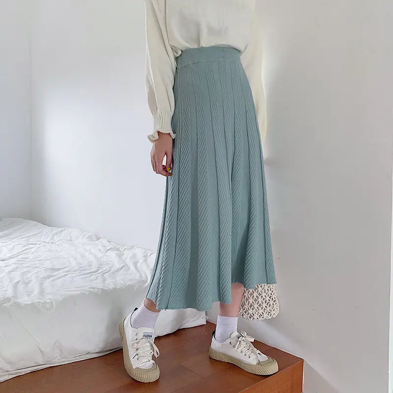 Женская трикотажная длинная юбка HziriP утолщенная однотонная плиссированная