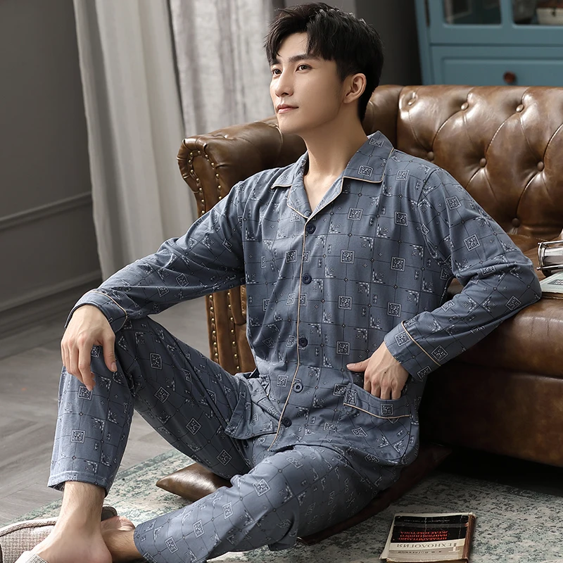 Spring&Autumn Cotton Pajamas Set for Men 2 Pieces Plaid Dark Blue Sleepwear Suit Homewear Lounge Clothes Man's Pijamas Pyjama