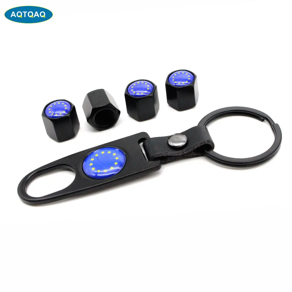 

5Pcs/Set European Union Flag Style Anti-theft Emblem Auto Car Wheel Tire Air Leather buckle Valve Caps With Wrench