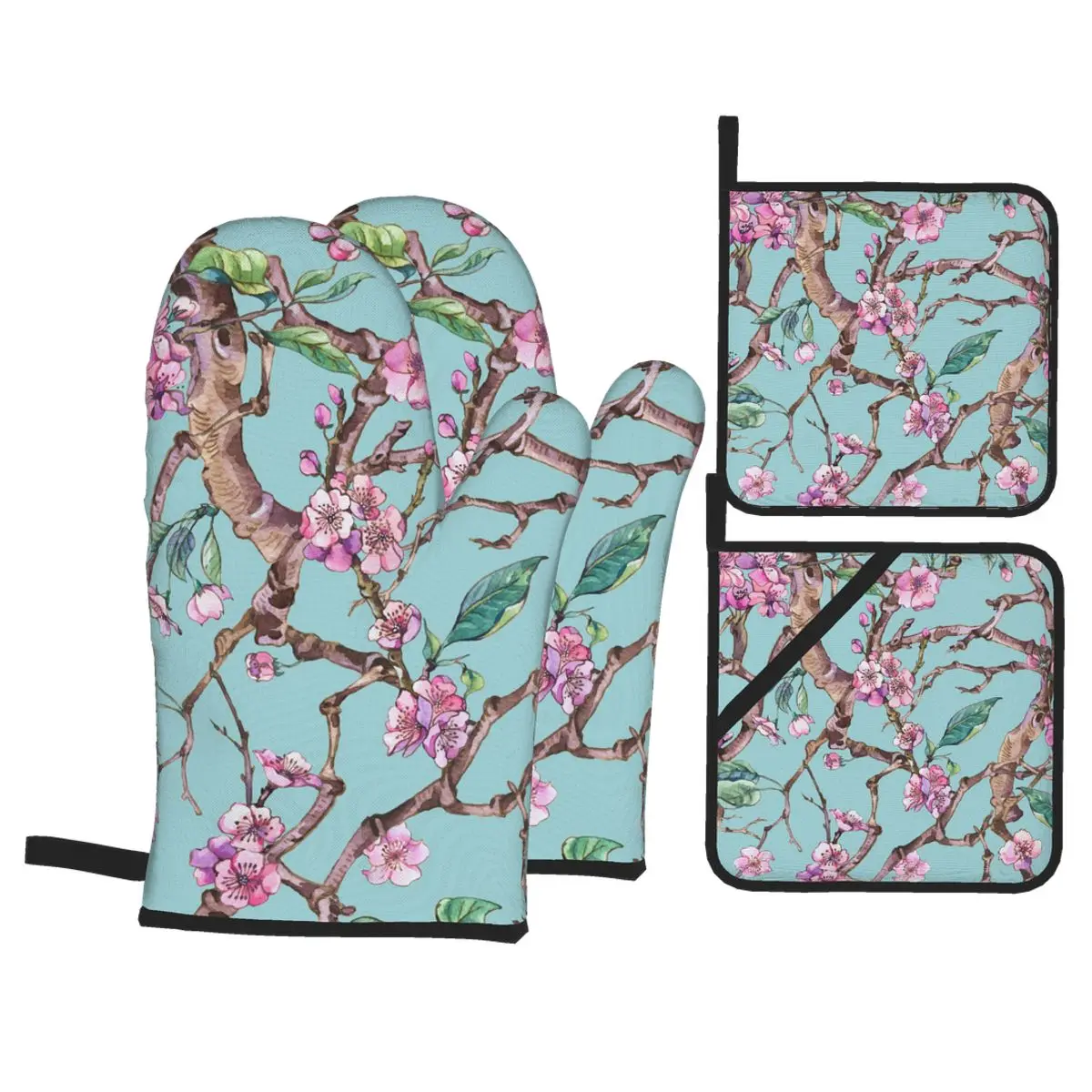 

Перчатки кухонные изоляционные 4 шт., весенние варежки с цветущими цветами вишни сакуры для приготовления пищи, микроволновки, выпечки, барб...