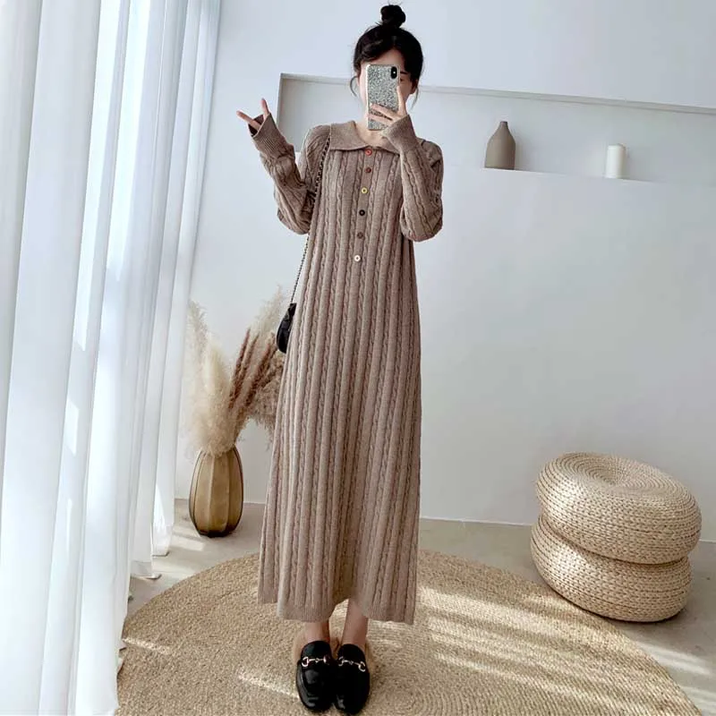 Женское трикотажное платье-свитер осенне-зимнее однобортное Свободное платье с