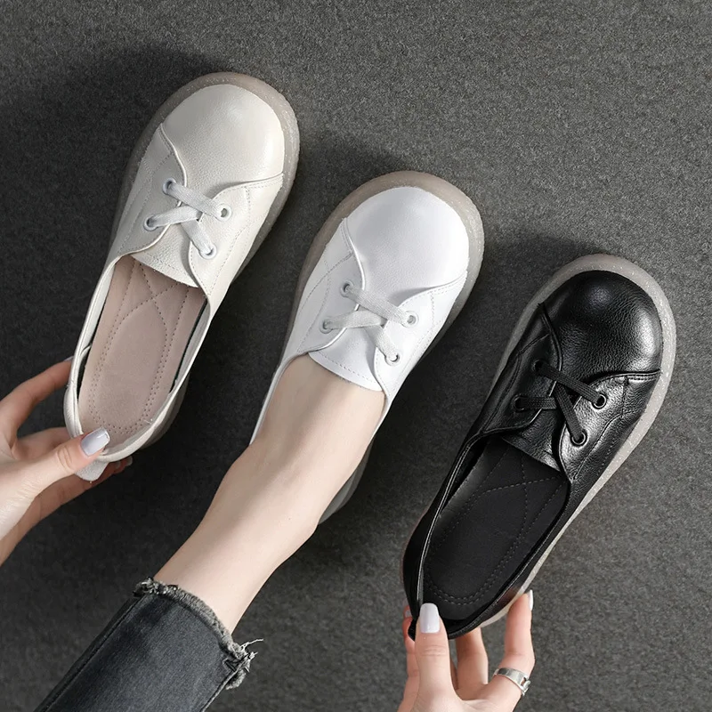 

Genuine Leather White Shoes Women's Shoes Spring Round Toe All-match Flat-bottomed Women's Shoes Large Size Single Shoes Women