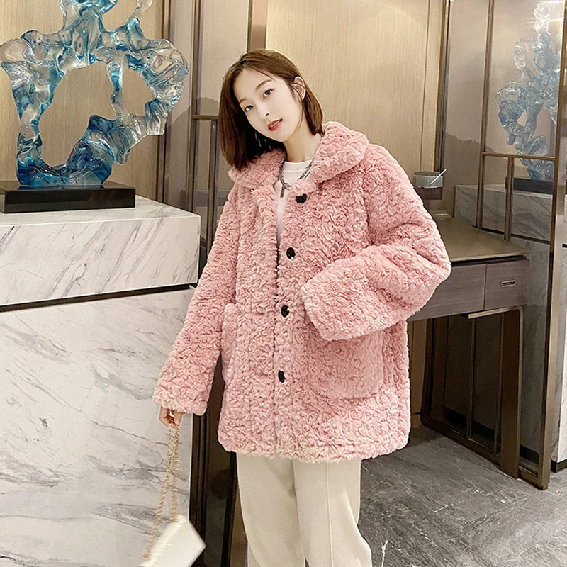 

New Winter Thick Warm Loose Faux Fur Coat Women Casual Cute Korean Fashion Lamb Wool Jacket Female Solid Furry Outerwear 2021