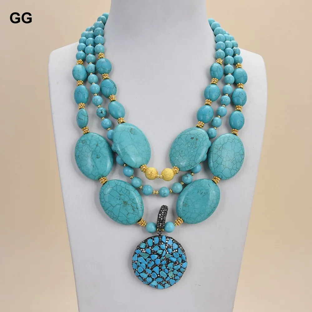 GuaiGuai Jewelry 18'' Turquoise Chips Pendant 3 Rows Gold Color Plated Round Oval Blue Turquoise Necklace