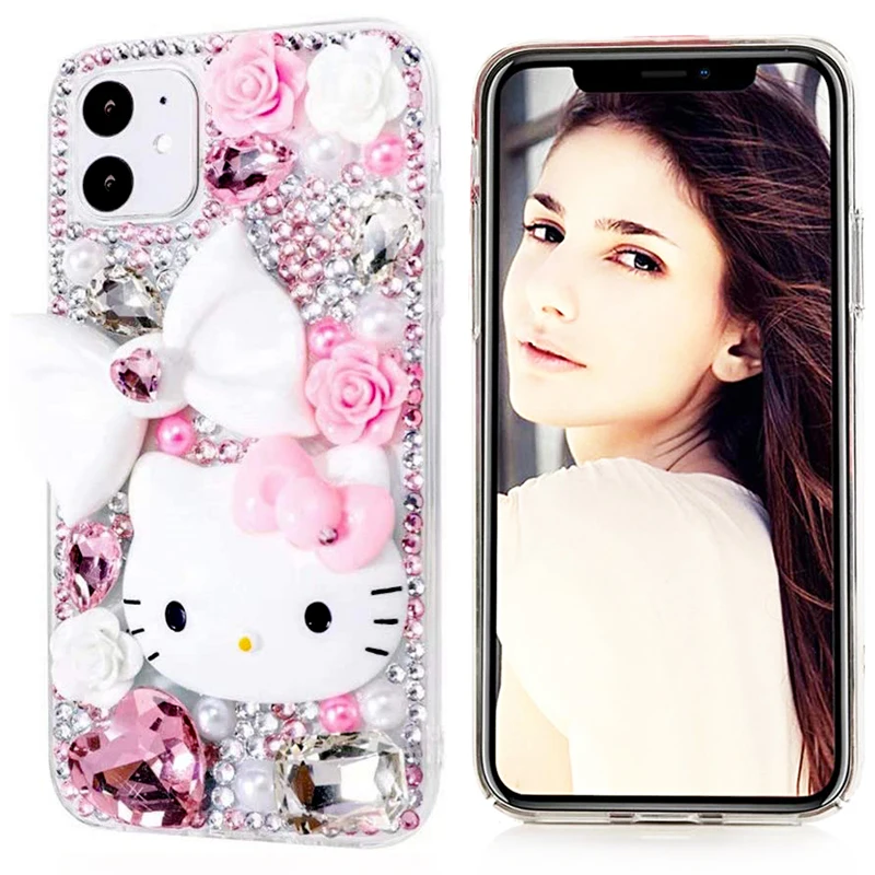 

Cute KT Cat Case For iPhone 14 12 11 13 Pro Max 6 7 8 Plus X XS Max XR Girls Style Bling Diamond Luxury Rhinstone Silicone Cover