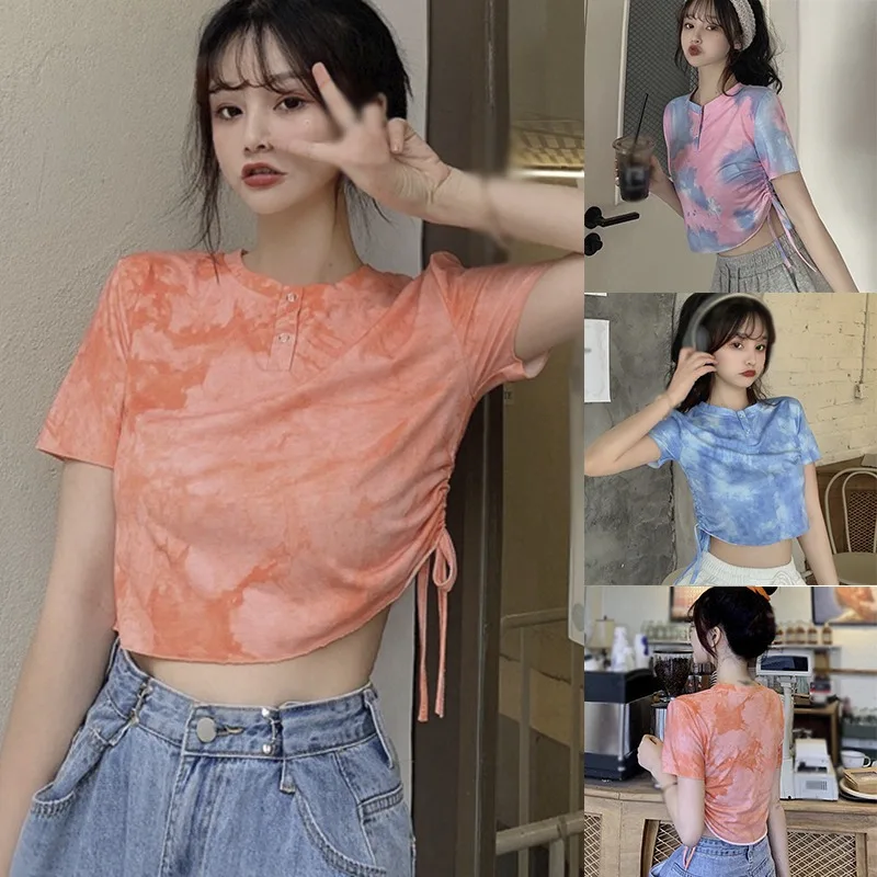 

Women Tie-dye Short-sleeved T-shirt Summer Round Neck Drawstring T-Shirts Female Short Top