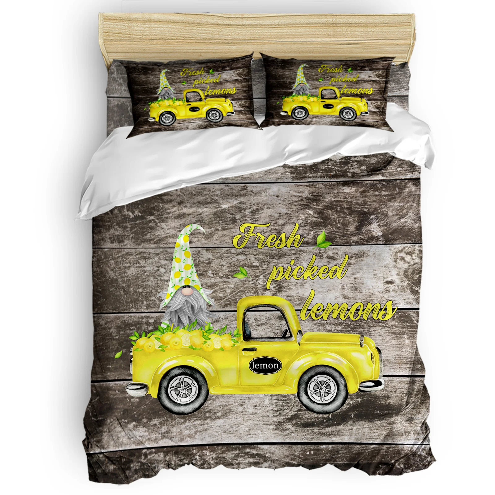 

Gnome Car Lemon Vintage Wood Grain Duvet Cover Set with Pillowcase Home Decoration Bed Comforters King Size Bedding Set