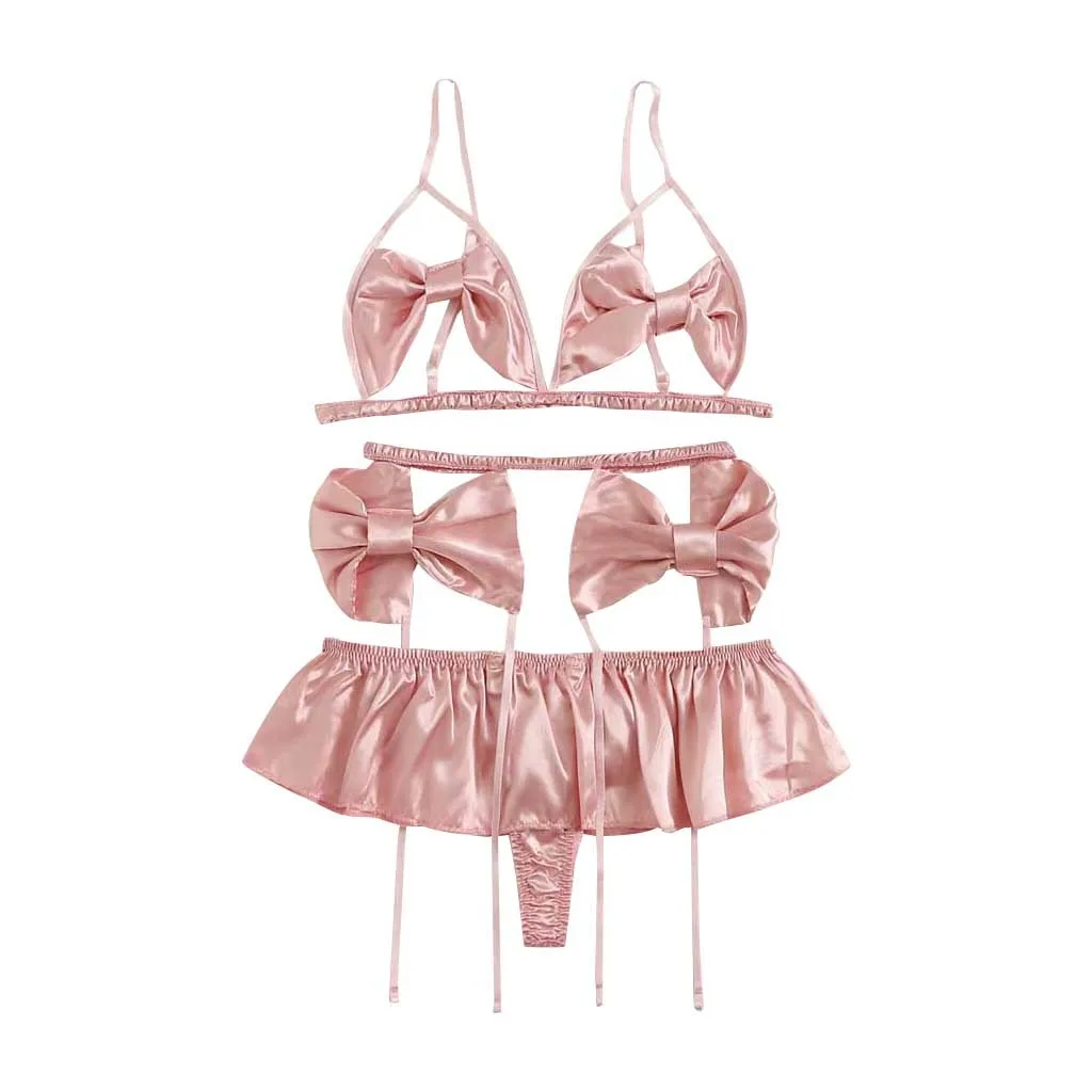 Комплект женского нижнего белья из 3 предметов однотонный атласный бюстгальтер с