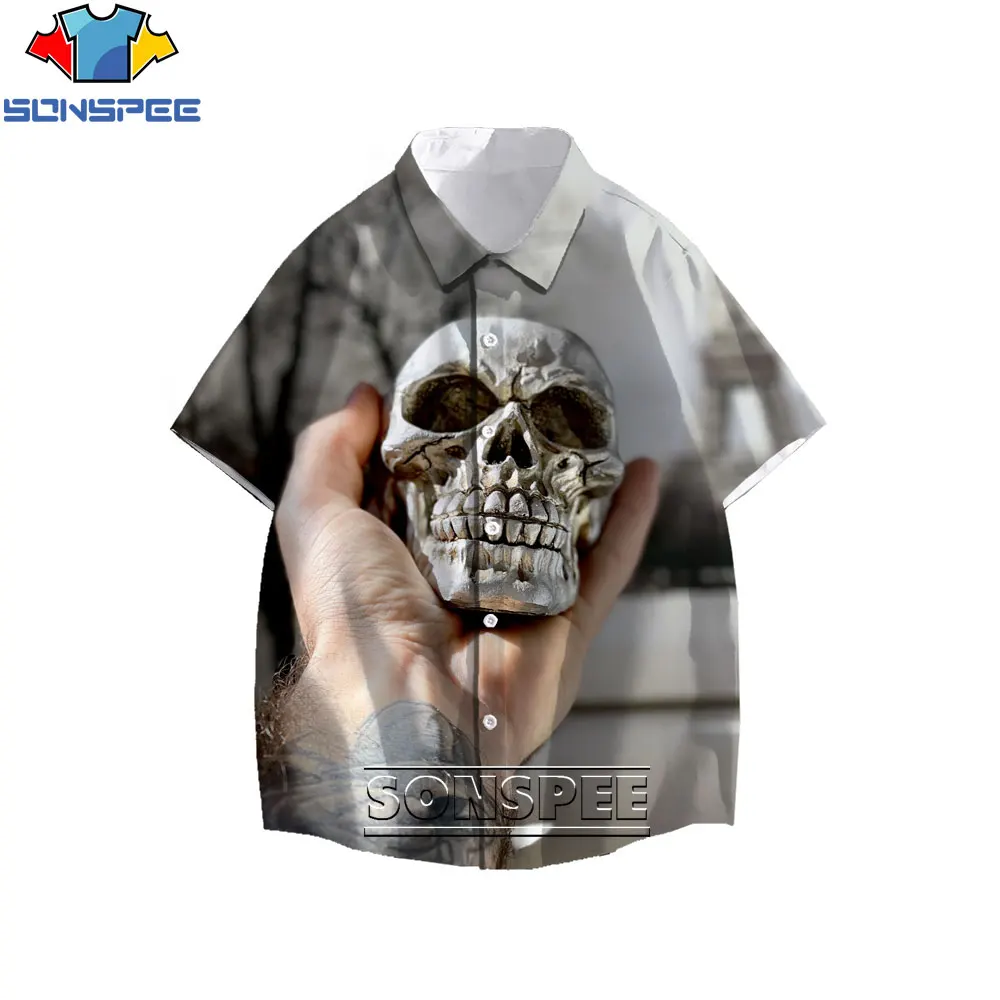 

SONSPEE Men Woman Hawaii Shirt Female Ghost Hand Held Skull Horror Suspense Hip-Hop Trend Large Size All-Match Casual Clothing