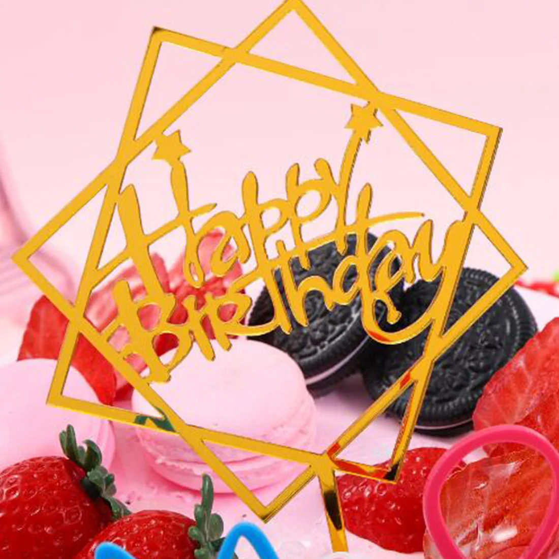 

Happy Birthday Cake Topper Pink Gold Acrylic Cake Toppers Baby Shower Cake Birthday Party Cake Flag Decorations