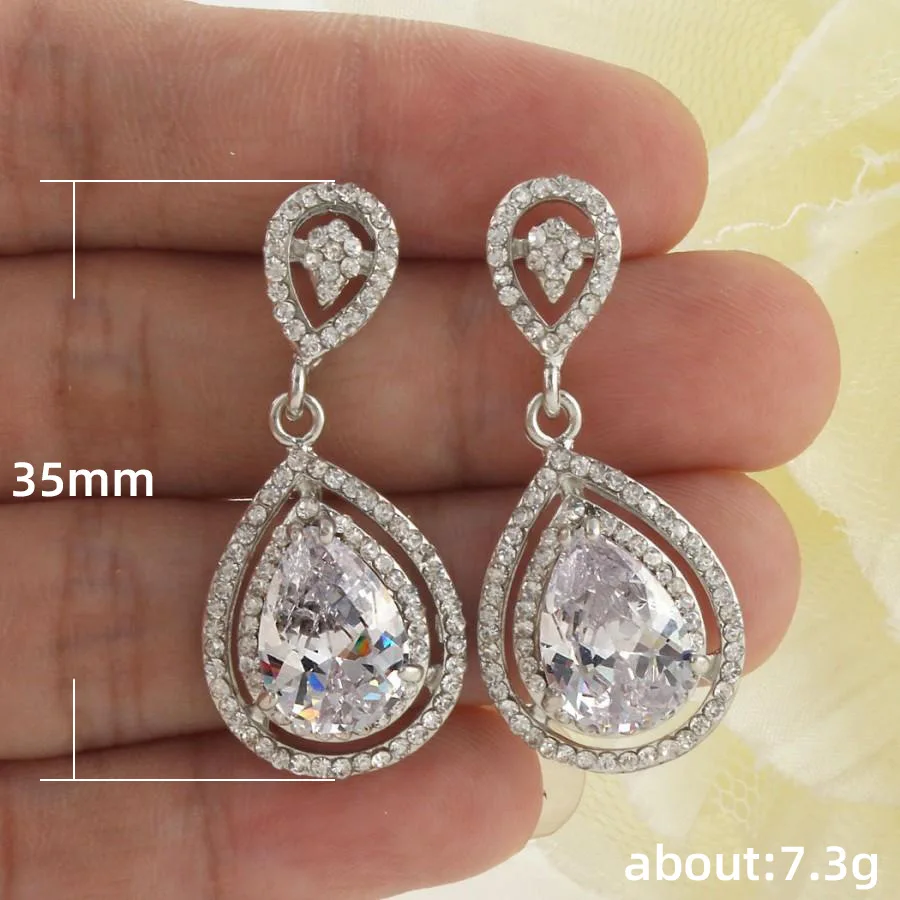

Luxury Female White Crystal Stone Earrings Dainty Silver Color Dangle Earrings For Women Trendy Bride Geometry Wedding Earrings