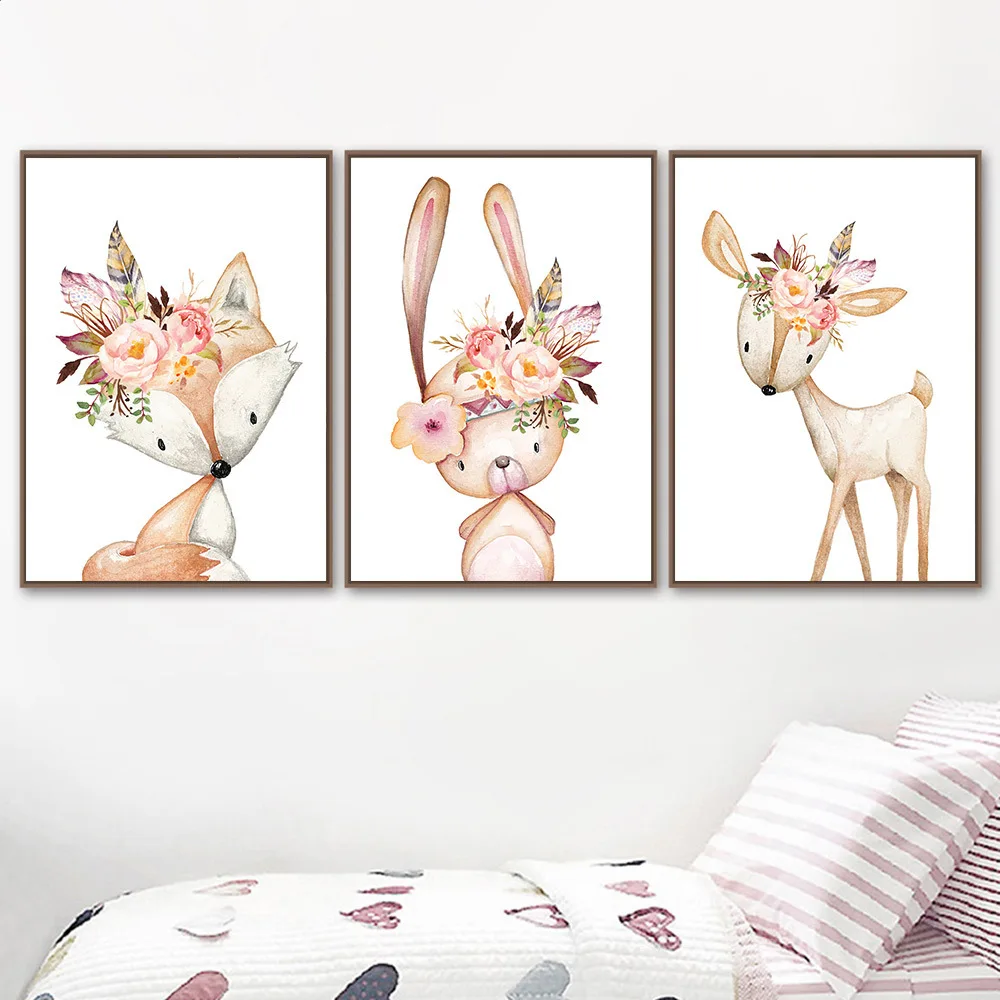 

Flower Rabbit Fox Deer Cartoon Lovely Canvas Painting Wall Poster Artistic Picture Living Room Decoration Interior Home Decor
