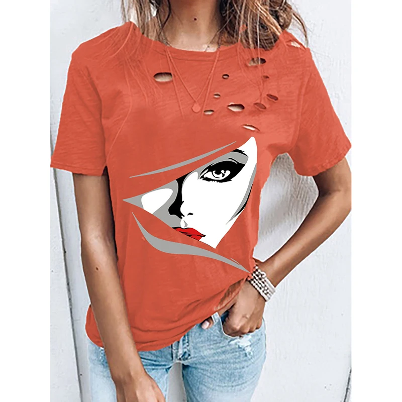 

Sexy Summer Funny Hole Abstract Print Shirt Women's Casual Loose Short Sleeve T Shirt Fashion Oversize Plus Size Vintage Tops