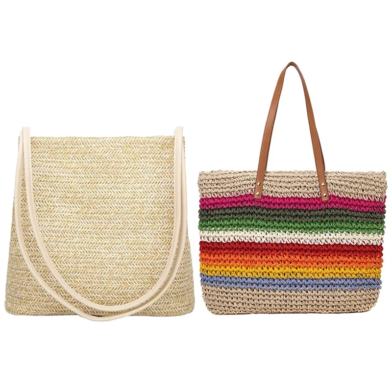 

Новая женская сумочка, модная красивая соломенная сумка на плечо, бежевая модная женская сумочка, Пляжная женская сумка радужного цвета