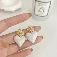 aensoa vintage flower love heart enamel drop earrings for women gold color metal white textured heart earrings trendy jewelry