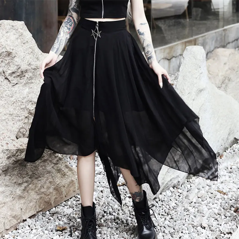 

Summer Mesh Irregular Women Skirts Pentagram Zipper Black Punk Skirts Gothic Darkness Lady Skirt Casual Loose Streetwear Skirts