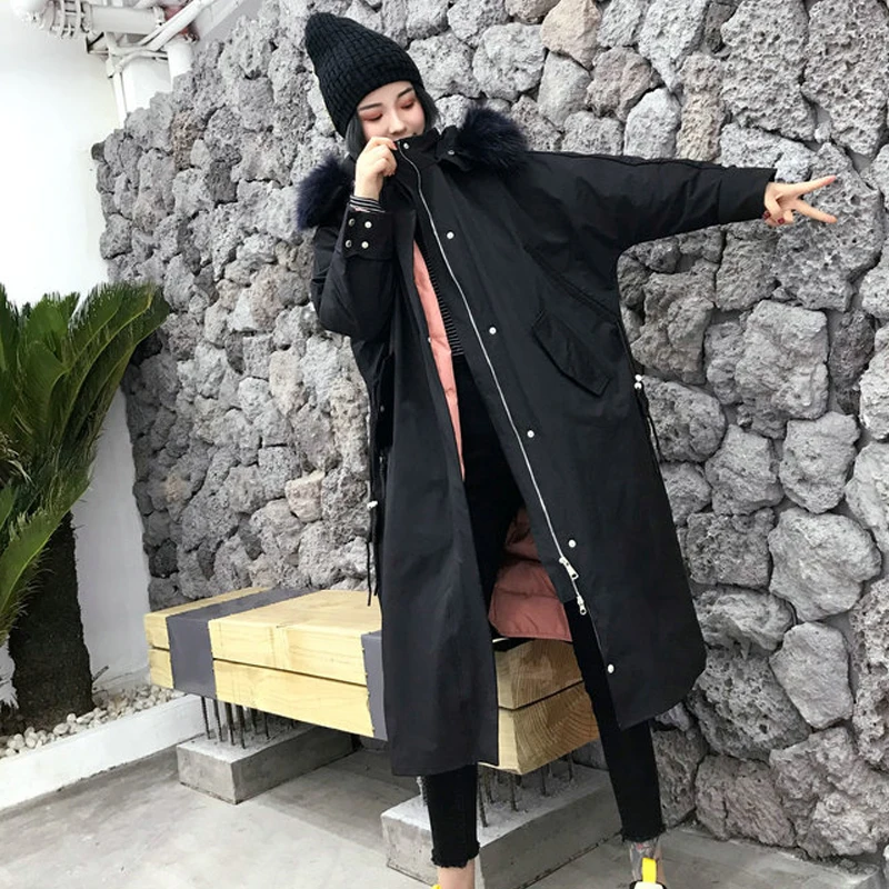 

2020 Women Winter Down Jacket Coat Hooded Large Real Raccoon Fur Collar Long Overcoat Female Thicken Warm White Duck Down Parkas