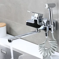kitchen sink faucets solid brass hot cold taps dual handle with spray gun frother wall mounted rotation balcony faucet chrome