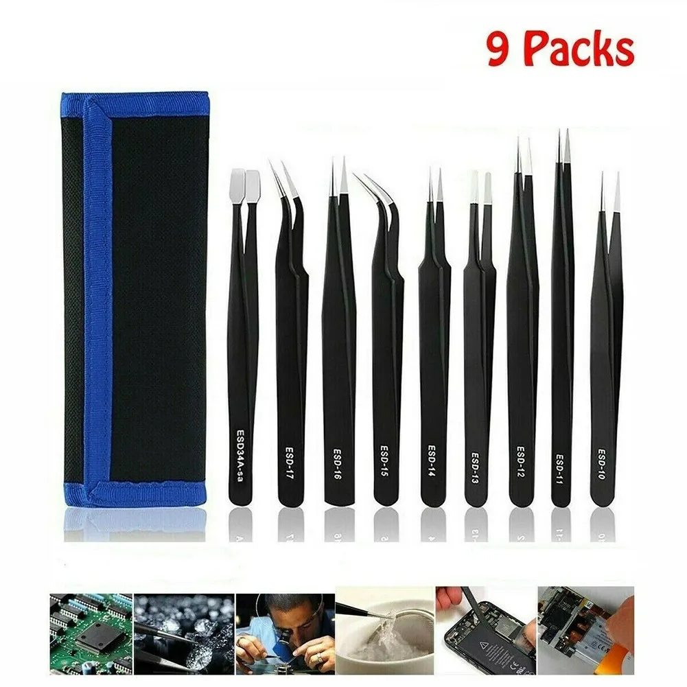 

9PCS Professional Precision Tweezer Set ESD Anti-Static Stainless Steel Tweezers ESD-14 Non-magnetic Ultra-fine Point Straight