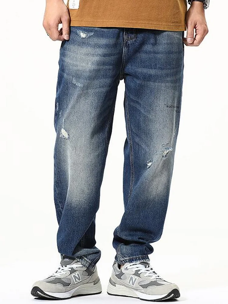 Casual Ripped Ankle-Length Jeans Men's Straight Denim Pants Jeans Men's Loose Wide-Leg Retro Classic Men Jeans