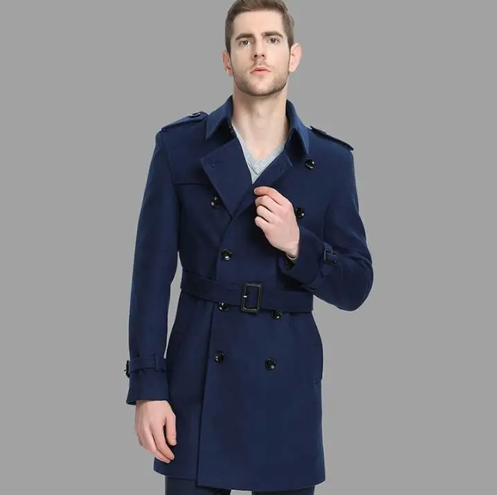 

Blue casual woolen coat men Double-breasted trench coats autumn winter long sleeves overcoat mens cashmere coat casaco england