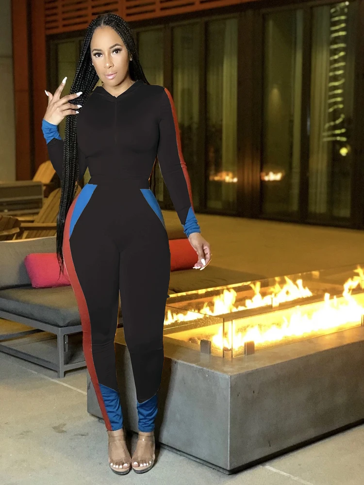 

Winter Clothes Women Fashion Patchwork Conjunto Dos Piezas Ladies Zipper Hooded Tops+elastic Waist Skinny Pencil Pants Conjuntos