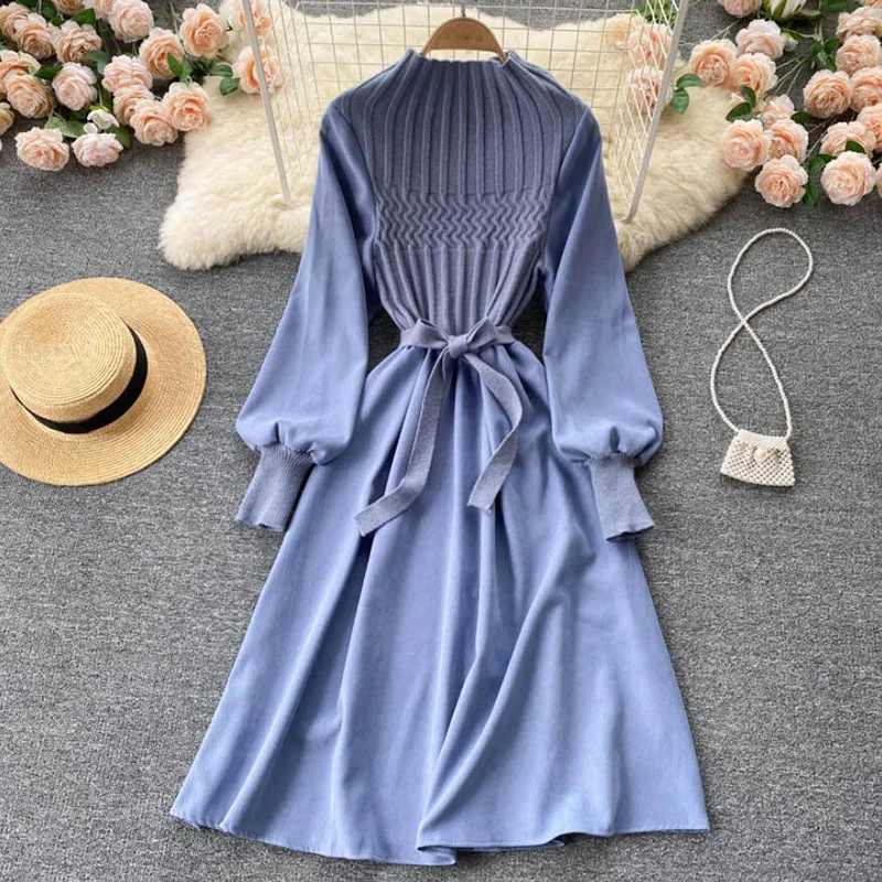 

Vintage Knitted Patchwork Dress Women Casual Long Sleeve Elegant Office Sweater Midi Dress NiceAutumn Puff sleeve Female Dresses