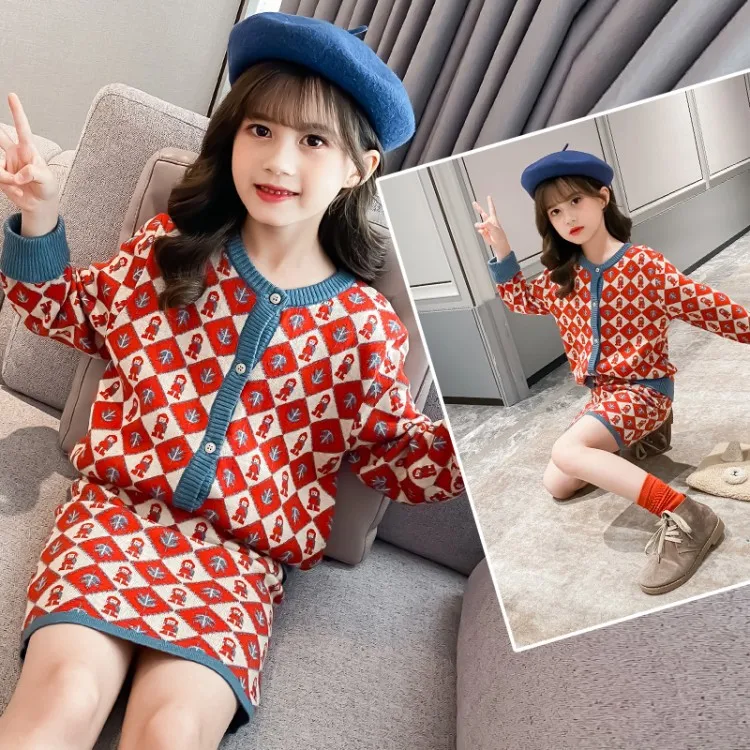 Комплект одежды для девочек осень 2021 вязаный кардиган свитер юбка костюм