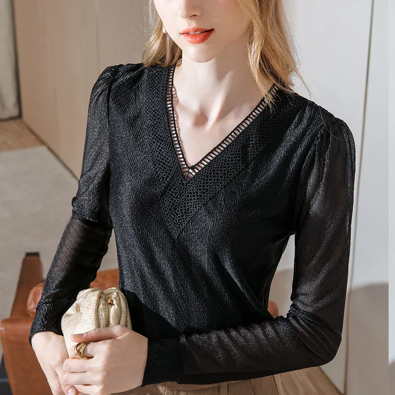 

Chiffon women's autumn 2020 new long sleeve French retro sexy V-neck clavicle bubble sleeve top