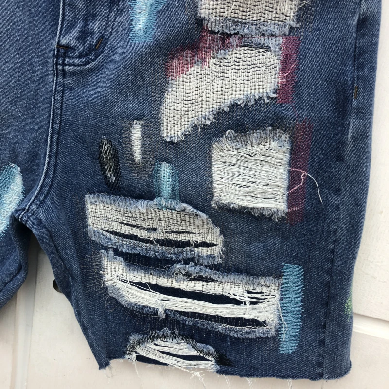 

Men Women Best Quality Embroidery Make Old Washed Shorts Breeches Kanye Ripped Denim Shorts
